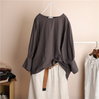 枫述棉布圆领喇叭袖女士衬衫春装新款宽松文艺纯色套头七分袖t恤上衣