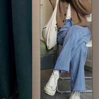 枫述竖条纹高腰牛仔裤女chic港味春秋大码胖mm显瘦直筒宽松阔腿拖地裤