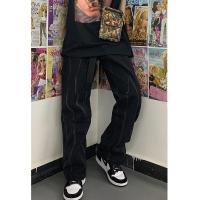 枫述春秋新款大码胖mm高腰不规则扎染牛仔裤女直筒宽松老爹阔腿拖地裤