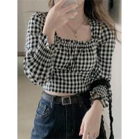 枫述大码胖mm显瘦上衣春装2021新款chic衬衣方领短款格子衬衫女设计感