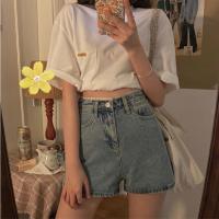 枫述大码胖mm蕾丝边高腰牛仔短裤女春夏2021韩版直筒宽松a字阔腿热裤