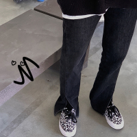 枫述2021春秋复古大码胖mm微喇开叉牛仔裤女直筒宽松显瘦阔腿老爹长裤