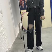 枫述大码胖mm高腰坠感破洞牛仔裤女春夏2021新款宽松直筒阔腿老爹裤潮