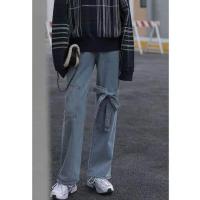 枫述2021春秋新款大码胖mm蝴蝶结牛仔裤女直筒宽松显瘦坠感阔腿老爹裤