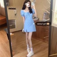 枫述SEOUL韩风chic 显白蕾丝花边收腰连衣裙蝴蝶结侧边小开叉蓝色短裙