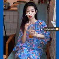 枫述全糖少女SUGAR显瘦宽松蓝色碎花连衣裙法式复古森系长款裙