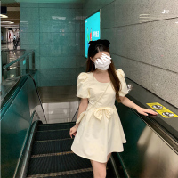 枫述大码法式赫本风蝴蝶结方领减龄女装洋气时髦泡泡袖显瘦公主连衣裙
