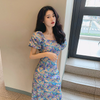 枫述2021碎花连衣裙新款大码女装收腰显瘦开叉裙胖mm法式显瘦中长款裙