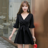 枫述胖妹妹性感大码深V气质喇叭中袖小礼服绑带女夜店显瘦大摆连衣裙