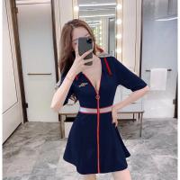 枫述夜场女性感新款桑拿足浴酒店技师服拉链V领海军风收腰显瘦连衣裙