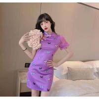 枫述中国风少女网纱拼接修身包臀年轻款主播短款新式旗袍改良版连衣裙