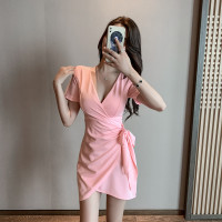 枫述夜场女款裙深V领低胸女人味连衣裙修身显瘦紧身不规则绑带包臀裙