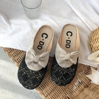 枫述2021新款韩版蕾丝网面半拖鞋女夏镂空亚麻编织懒人外穿凉拖鞋