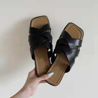 枫述赫本风复古交叉带气质方头露趾平底凉拖鞋韩系女夏2021年新款镂空