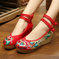 枫述春秋季老北京布鞋高跟女鞋坡跟民族风绣花鞋布鞋厚底内增高女单鞋