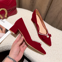 枫述珍珠婚鞋感秋季女新娘鞋粗跟不累脚红色高跟鞋孕妇秀禾服单鞋