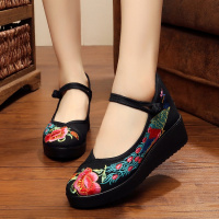 枫述传统民族风女绣花鞋春季广场舞蹈鞋松糕厚底一字扣带妈妈浅口单鞋