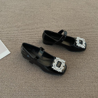 枫述方头黑色单鞋女2022春夏新款时尚女人气质高跟鞋水钻复古优雅皮鞋