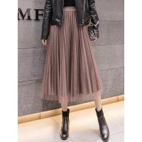 枫述春季纱裙女丝绒网纱半身裙中长款2021春季新款大码胖MM显瘦百褶裙