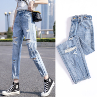 枫述春夏装2021年新款破洞牛仔裤女高腰宽松直筒哈伦老爹裤女九分裤子