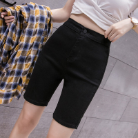 枫述牛仔短裤女2021年新款高腰弹力紧身直筒骑行中裤打底黑色五分裤子