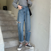 枫述高腰牛仔裤女阔腿裤2021新款大码斜扣破洞直筒显瘦学生春夏裤子潮