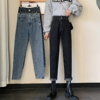 枫述百搭高腰牛仔裤女2021春秋新款大码胖mm直筒裤宽松显瘦萝卜哈伦裤