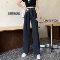 枫述蕾丝边高腰牛仔裤女2021新款大码胖mm黑灰色直筒裤宽松显瘦阔腿裤