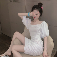 枫述网红法式褶皱泡泡袖白色连衣裙女夏季新款时尚气质修身包臂裙子潮