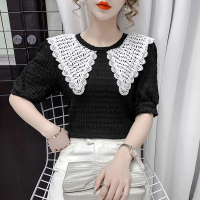 枫述2021夏季新款时尚休闲甜美娃娃尖领褶皱短袖女黑色显瘦上衣百搭潮