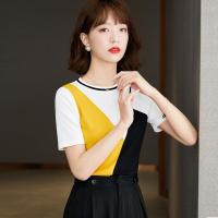 枫述时尚拼色针织衫女撞色短袖2021夏季新款韩版宽松薄款套头上衣百搭