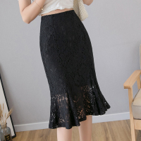 枫述黑色鱼尾半身裙子女春装2021年新款夏季a字中长蕾丝包臀时尚短裙