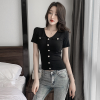 枫述V领紧身上衣2021年新款夏季ins潮小众设计修身显瘦短袖短款T恤女