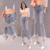 枫述高腰牛仔裤女2021春夏新款显瘦百搭蕾丝拼接修身九分微喇叭裤女潮