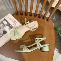 枫述夏季蝴蝶结一字式扣带方头凉鞋女网红韩系2021年新款气质百搭粗跟