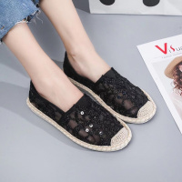 枫述夏季老北京布鞋蕾丝镂空亮片单鞋女懒人一脚蹬平底网纱透气渔夫鞋