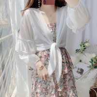 白色雪纺衫长袖系带防晒衣夏开衫空调衫淑女气质短款上衣披肩外套