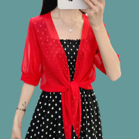 夏薄款雪纺防晒衣女短款配吊带裙小披肩大码百搭外搭坎肩网纱开衫