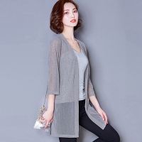 夏季中长款宽松遮肉显瘦开衫七分袖女外套度假防晒衣网纱披肩外披