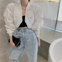 外套女薄款褶皱宽松短款棒球服春季新款韩版开衫白色防晒衫上衣潮