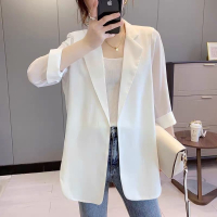 雪纺小西装女夏季中长款宽松chic白色西服大码防晒衣薄外套空调衫