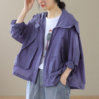 素品 夏装新款纯色贴布口袋宽松长袖连帽百搭休闲薄款透气防晒衣