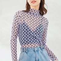 半高领网纱防晒衣女春夏薄款紫色印花内搭t恤冰丝打底衫长袖上衣