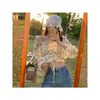 2021年春季短款方领法式露脐碎花上衣一字肩防晒衣修身雪纺衫女