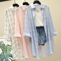 蓝色格子衬衫女防晒衣女学生韩版宽松百搭中长款夏季防晒衬衣外套