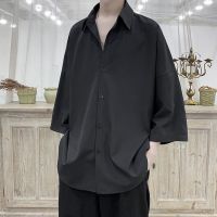 感冰丝衬衫男士五分袖寸衫免烫坠感韩版潮流帅气防晒衬衣男装