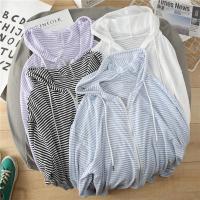 条纹连帽短外套女夏薄款学生蓝色韩版宽松显瘦防晒衣拉链休闲开衫