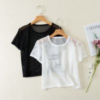 网纱上衣短款镂空运动防晒罩衫外搭短袖t恤宽松露脐打底衫内搭女