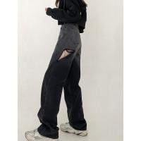 枫述破洞黑色牛仔裤女2021年新款大码女装设计感裤子胖mm显瘦直筒裤潮