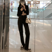 枫述大码高腰黑色直筒牛仔裤女2020新款女装高腰开叉坠感显瘦拖地裤潮